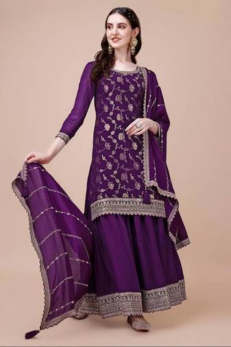 Lavender Woven designer, embroidery work viscose chinon semi stiched party wear salwarsuit