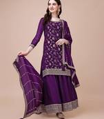 Lavender Woven designer, embroidery work viscose chinon semi stiched party wear salwarsuit
