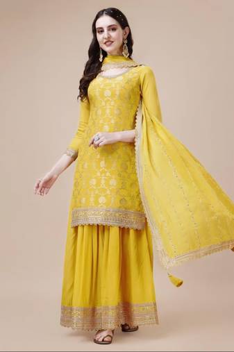 Yellow Woven designer, embroidery work viscose chinon semi stiched party wear salwarsuit