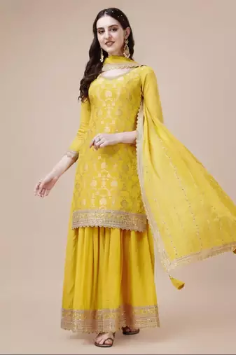 Yellow Woven designer, embroidery work viscose chinon semi stiched party wear salwarsuit