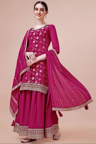 Pink Woven designer, embroidery work viscose chinon semi stiched party wear salwarsuit