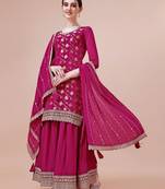 Pink Woven designer, embroidery work viscose chinon semi stiched party wear salwarsuit