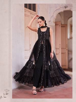 Black jari, thread,sequance embroidery work georgette semi stiched party wear salwarsuit 1