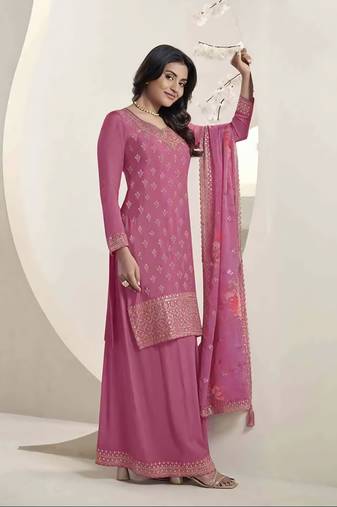 Pink designer heavy embroidery work,printed chinon semi stiched party wear salwarsuit