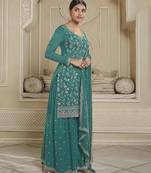 Teal designer heavy embroidery work chinon semi stiched party wear salwarsuit