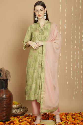 Green designer embroidery work art silk semi stiched party wear salwarsuit