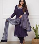 Wine Women Viscose Silk Embroidered Kurta Pant Dupatta Set