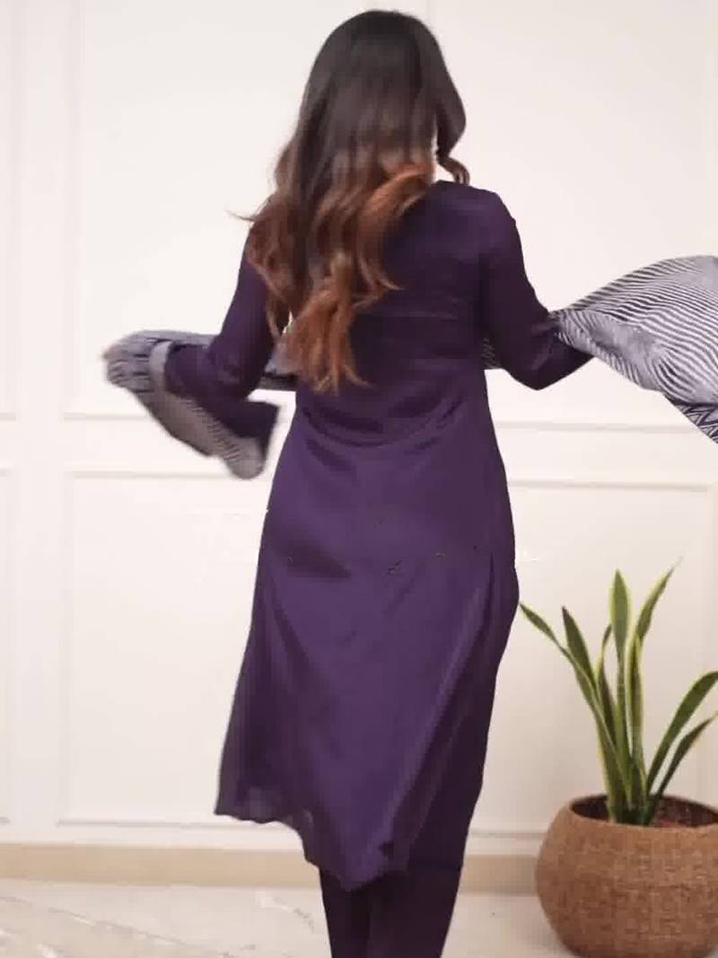 Wine Women Viscose Silk Embroidered Kurta Pant Dupatta Set