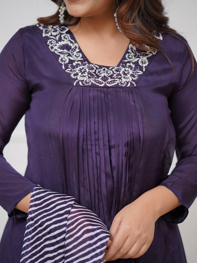 Wine Women Viscose Silk Embroidered Kurta Pant Dupatta Set