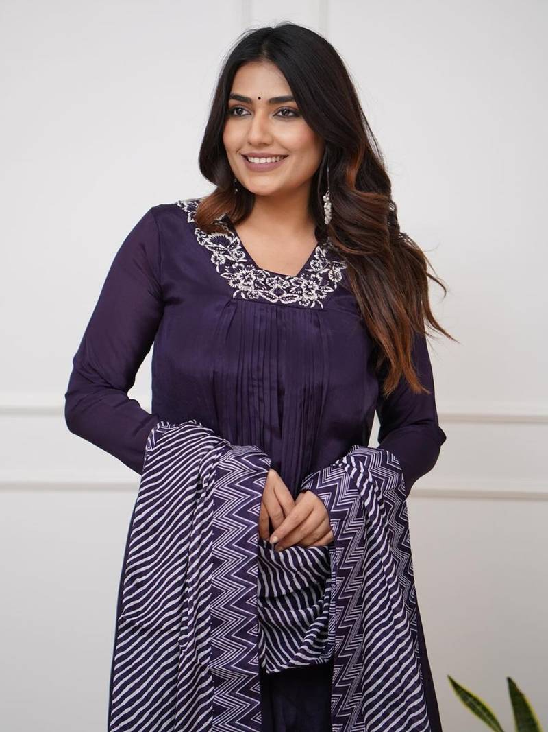 Wine Women Viscose Silk Embroidered Kurta Pant Dupatta Set