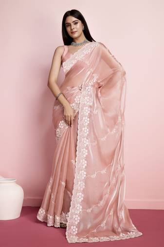 Peach Art Silk Saree with Threadwork Embellishments