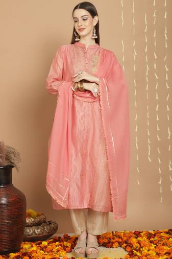 Pink designer embroidery work art silk semi stiched party wear salwarsuit