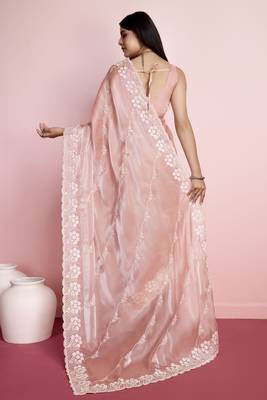 Peach Art Silk Saree with Threadwork Embellishments 2