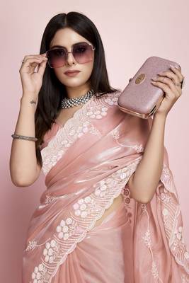 Peach Art Silk Saree with Threadwork Embellishments 3
