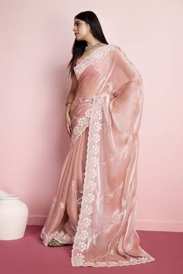 Peach Art Silk Saree with Threadwork Embellishments 4