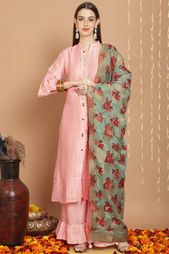 Pink designer embroidery work,hand spray print tusser silk semi stiched party wear salwarsuit