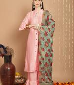 Pink designer embroidery work,hand spray print tusser silk semi stiched party wear salwarsuit