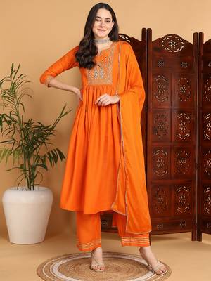 women orange cotton blend solid yoke design a-line kurta trouser with dupatta 1