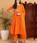 women orange cotton blend solid yoke design a-line kurta trouser with dupatta