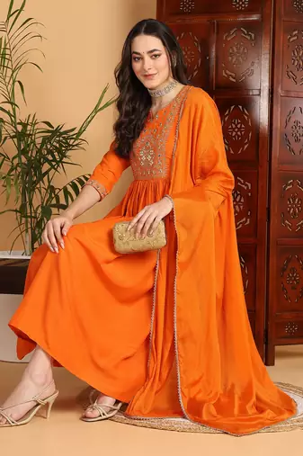 women orange cotton blend solid yoke design a-line kurta trouser with dupatta