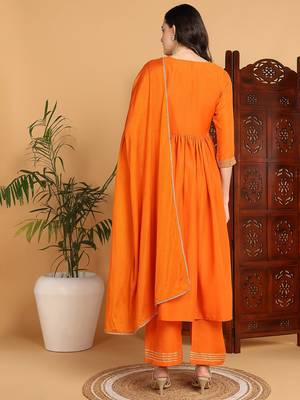 women orange cotton blend solid yoke design a-line kurta trouser with dupatta 4