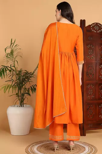 women orange cotton blend solid yoke design a-line kurta trouser with dupatta