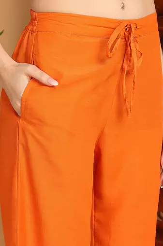 women orange cotton blend solid yoke design a-line kurta trouser with dupatta