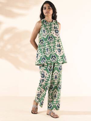 Truebrowns green cotton ikat sleeveless co-ord set 1