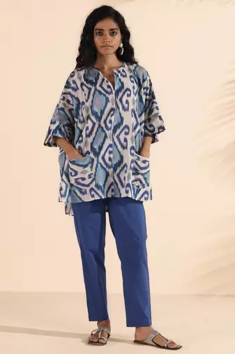 Truebrowns blue cotton ikat kaftan co-ord set