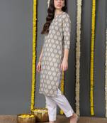 women blue cotton abstract printed straight kurta