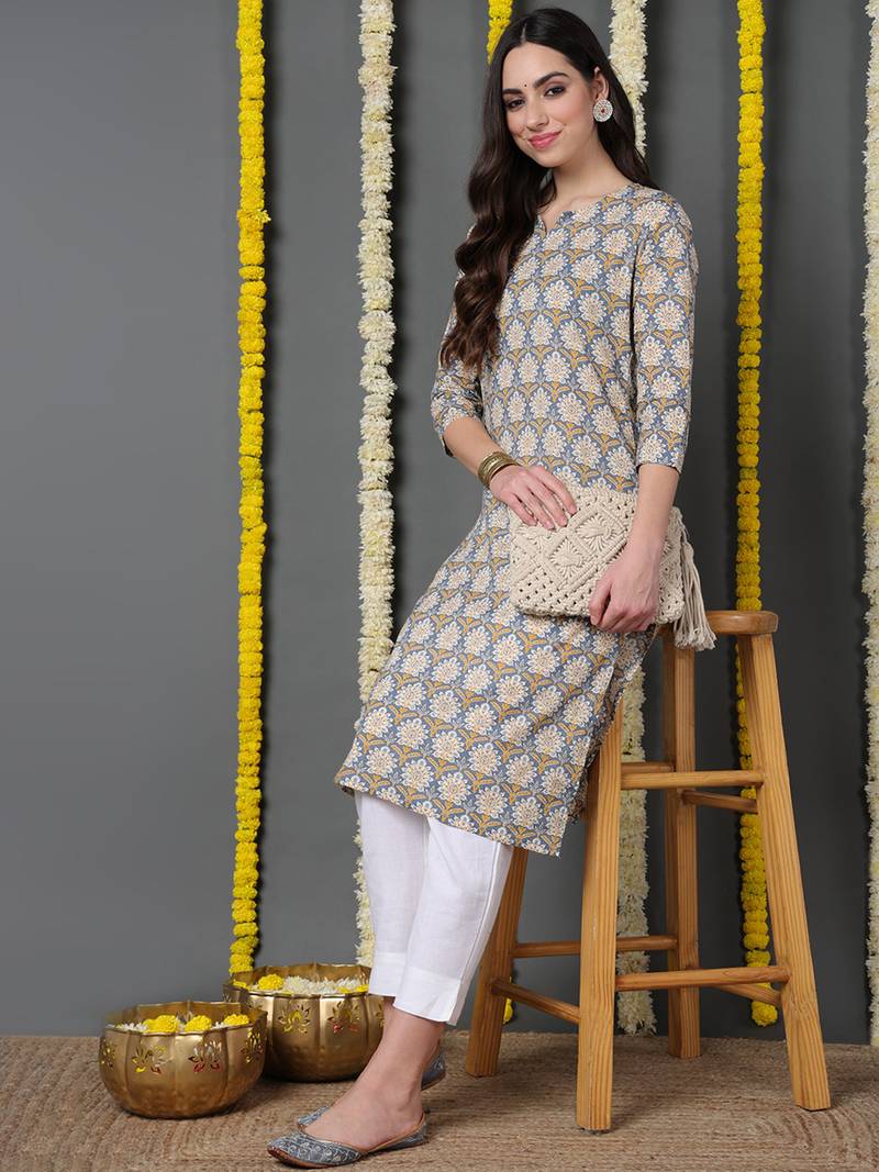 women blue cotton abstract printed straight kurta