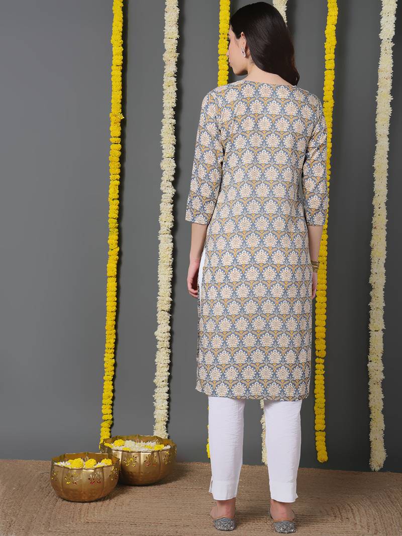 women blue cotton abstract printed straight kurta