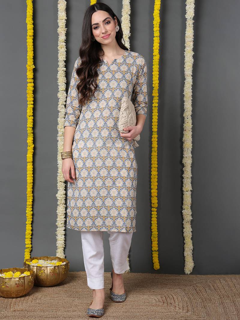 women blue cotton abstract printed straight kurta