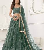 Green Butterfly Net Embroidery Sequins Designer Lehenga