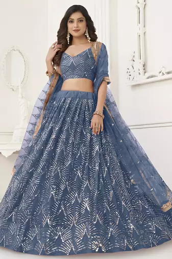 Light Blue Butterfly Net Embroidery Sequins Designer Lehenga
