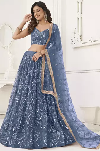 Light Blue Butterfly Net Embroidery Sequins Designer Lehenga