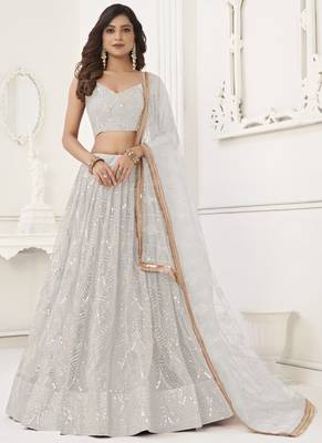 Off White Butterfly Net Embroidery Sequins Designer Lehenga 1