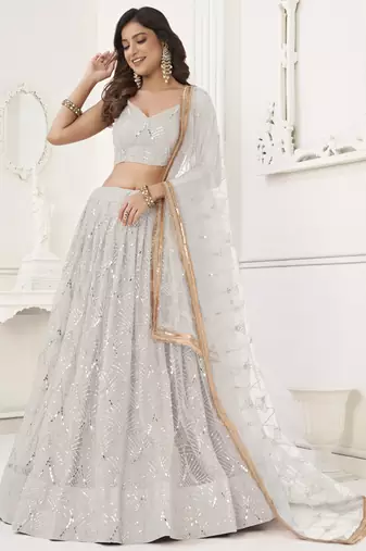 Off White Butterfly Net Embroidery Sequins Designer Lehenga