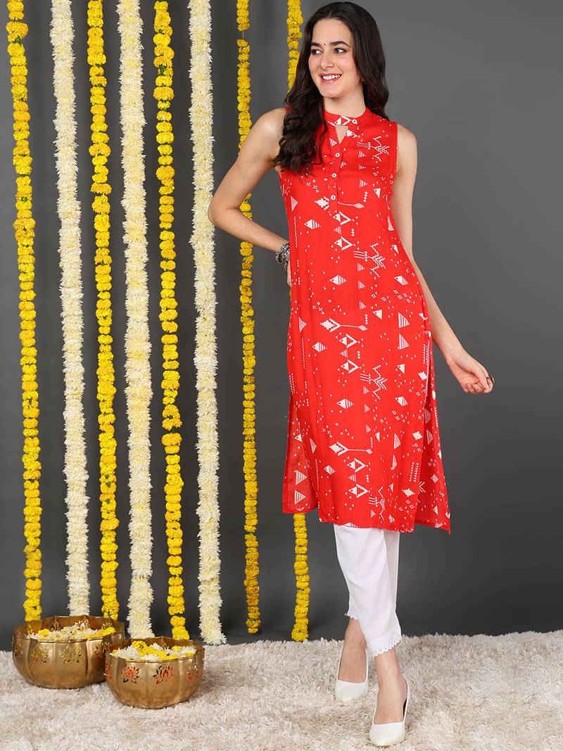 women red cotton quirky printed straight kurta