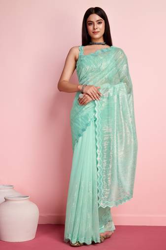 Smart And Glamorous Sea Green Silver Twill Net Girlish Smart Partywear Saree