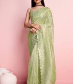 Smart And Glamorous Pista Silver Twill Net Girlish Smart Partywear Saree
