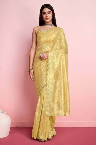 Smart And Glamorous Yellow Silver Twill Net Girlish Smart Partywear Saree