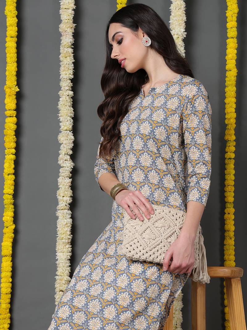 women blue cotton abstract printed straight kurta