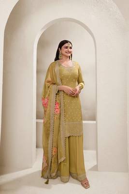 Mustard colour chinon fabric bollywood style heavy sharara dress 1