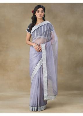 Lavender Embellished Net Saree With Blouse Piece 1