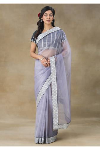 Lavender Embellished Net Saree With Blouse Piece