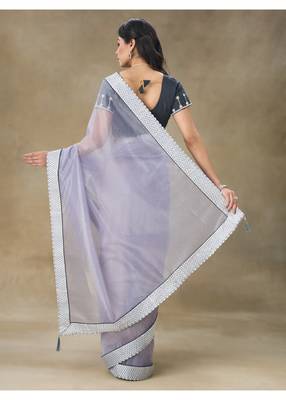 Lavender Embellished Net Saree With Blouse Piece 2