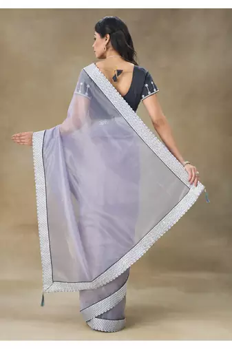 Lavender Embellished Net Saree With Blouse Piece