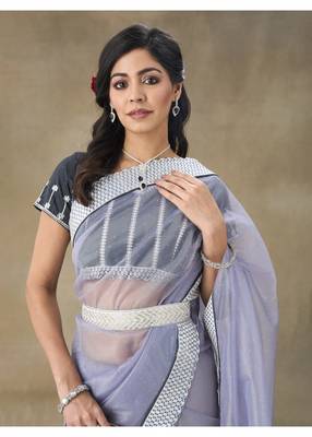 Lavender Embellished Net Saree With Blouse Piece 3
