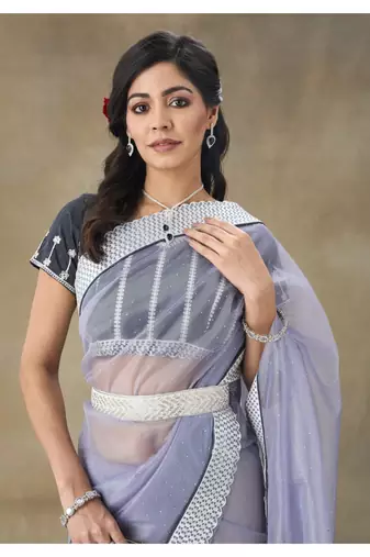 Lavender Embellished Net Saree With Blouse Piece